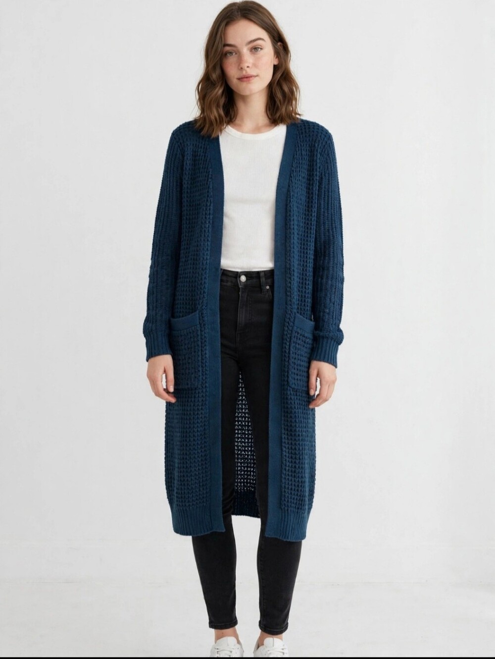 Revamped Navy Blue Long Open-Front Knit Cardigan